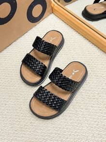 Kids Retro Woven Sandals, Casual Soft Bottom Slides For Boys And Girls, Suitable For Beach, Shower, Outdoor In Summer - Black - View 1