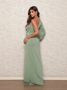 Vestido Longo Um Ombro com Bojo Abertura Lateral e Fenda Festa Casamento Formatura - Verde Oliva - Visão 6
