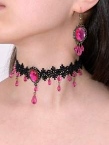 1 套深色哥特式水钻流苏耳环和项链，复古波西米亚蕾丝链吊坠耳环，适合女性日常佩戴派对礼物 - 首飾套裝 - 查看 4