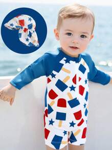 0-5 Years Toddler Boy Rash Guard Swimsuit 4th Of July Star/Plaid Print Long Sleeve Mock Neck Zip Bathing Suit With Hat - White - View 5