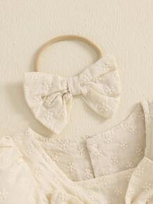 Fashionable Baby Girl Flower Jacquard Romper Short Sleeve Bodysuit With Bow Headband - Cute Summer Clothes That Make Every Baby Shine - Apricot - View 6