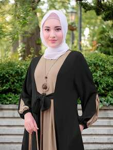 Modest Two Tone Tie Front Puff Sleeve Maxi Dress, Women Color Block Loose Floor Length Flowy Long Dress Black Fall - Black - View 2