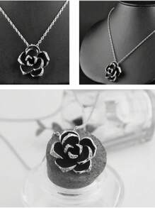 3pcs/Set Fashion Elegant Black Rose Flower Jewelry Set (Earrings & Necklace), Wedding Party Bride Accessories - Silver - View 6