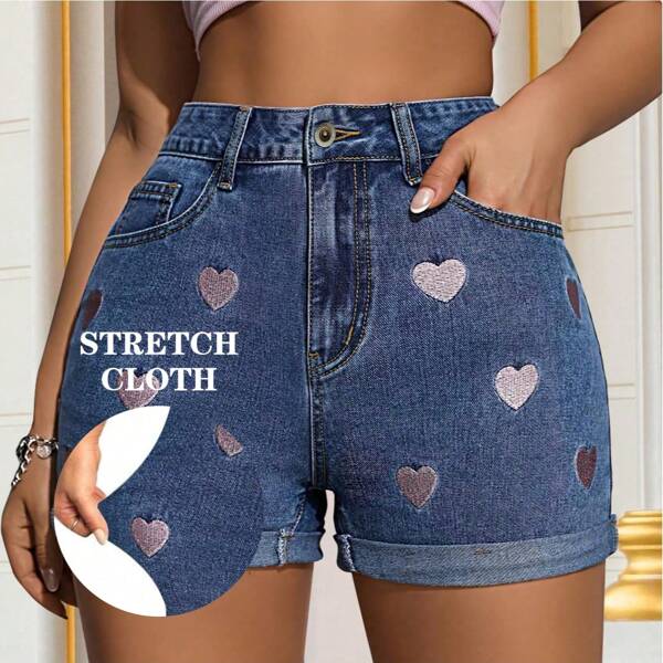 Shorts di jeans vita alta con ricamo a cuore e orlo arricciato, carini per outfit scolastici, vacanze, festival primaverili/estivi e rave