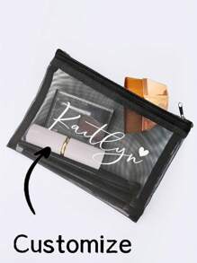 Personalized Name Black Makeup Bag Bridal Shower Bachelorette Party Bride Future Wife Wedding Engagement Bridesmaid Bridesmaid Bride Groom Mother Gift Makeup Bag, Mesh Bag, Mesh Beauty Bag, Must-Have For Postmen, Must-Have For Back To School, Suitable For Travel, Vacation, Wedding, College, Mother's Day Gift