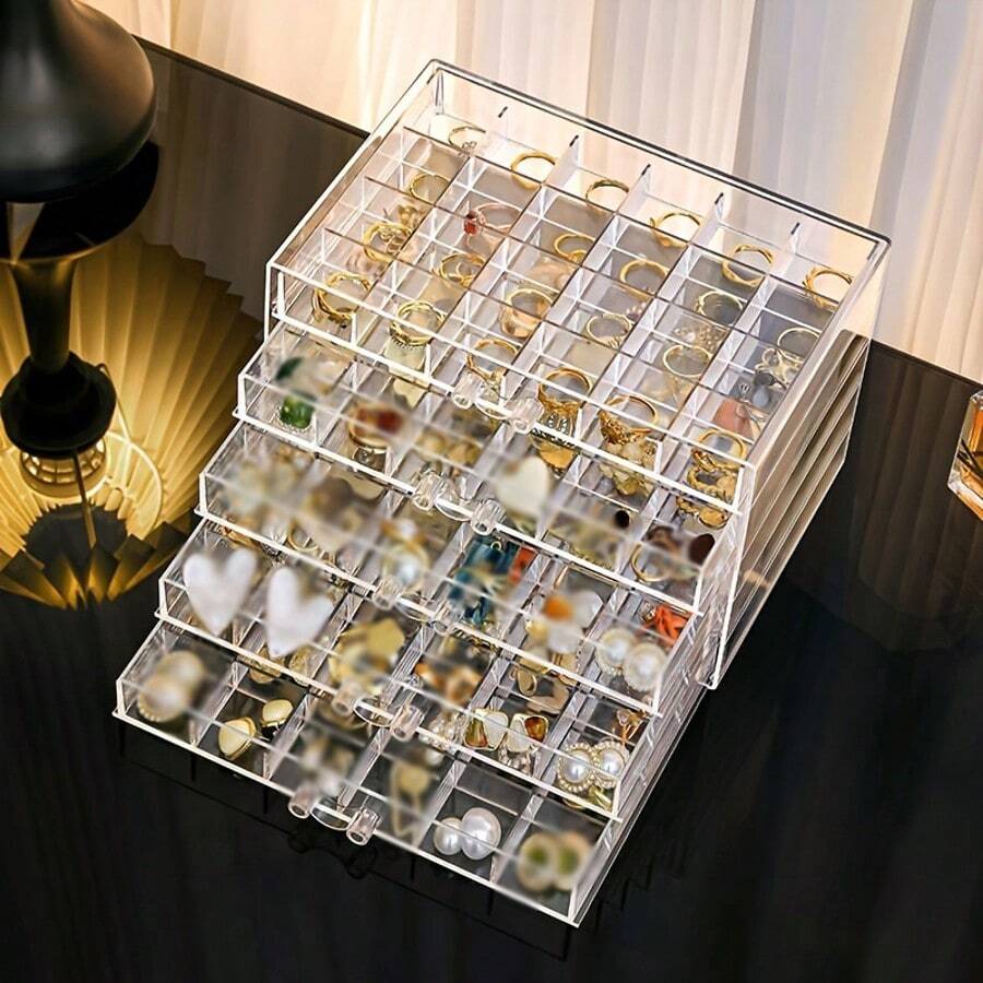 透明多层大容量珠宝收纳盒，适用于戒指、耳环、项链、手镯、家居和时装展示，抽屉式珠宝收纳盒 - 無色 - 查看 1