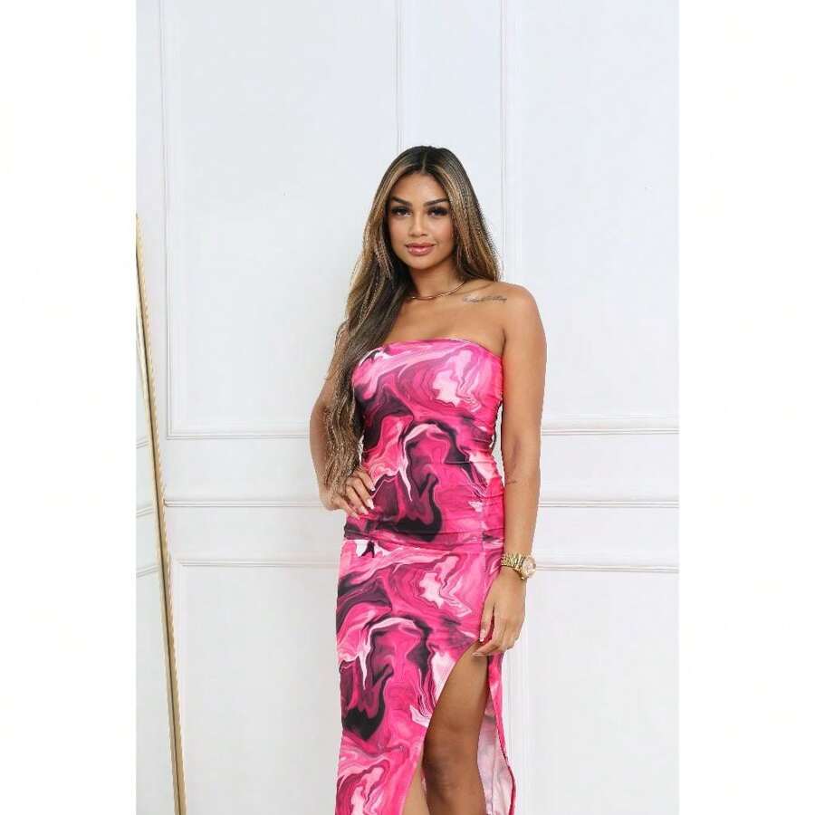 Women's Summer Tie Dye Midi Dress With Strapless Gradient - 粉色 - 查看 1