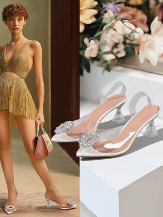 Women's Rhinestone Pointed Toe Clear Crystal Heels Sandals, Summer Style