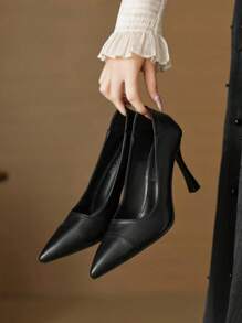 Black Pointed-Toe Pearl Decor Thick Heel Slip-On High Heels