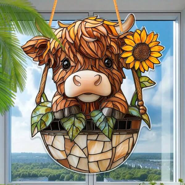 A 0.3cm Thick Acrylic Wall Decor Featuring A Scottish Highland Cow, Using 2D Flat Printing Technology. It Is An Eye-Catching Decor Piece That Can Be Placed By The Window, Acting As A Sun Catcher. The Dimensions Are 7.1 Inches By 8 Inches, Making It Suitable For Placement On Walls In Living Rooms, Garden Sheds, Entryways, And Home Offices. It Is An Ideal Gift Choice For Christmas, Thanksgiving, Birthdays, And Other Special Occasions.