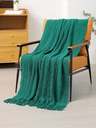 1 件波浪图案毛毯，北欧风格亚克力矩形流苏纯色沙发套毯，床上装饰毯，午睡毯，针织毯