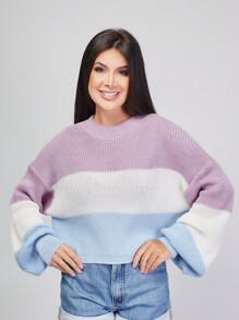 Striped Off-The-Shoulder Blouse Princess Sleeve Knit Warm Winter Fashion Blogger New2023 - 紫羅蘭色 - 查看 3
