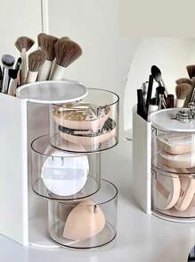 1pc Multifunctional Rotating Makeup Organizer, Dustproof Tabletop Storage Box For Makeup Brushes, Makeup Sponge, Lipsticks, Eyebrow Pencils