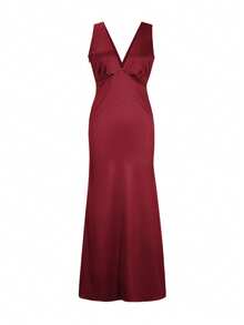 Đầm hè Look Polly dành cho nữ, đầm maxi lụa màu trơn, đầm hai dây phù hợp cho đám cưới, mùa thu, đi học và các dịp khác, đầm dự tiệc trễ vai, đầm dài cổ chữ V thanh lịch và gợi cảm. - Màu Đỏ Sâu - Xem 9