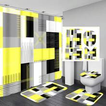 1pc/4pcs Geometric Art Color-Blocking Bathroom Decoration Waterproof Shower Curtain, With 12 Hooks, Bath Mat, U-Shaped Floor Mat, And Toilet Lid Cover, Bathroom Set For Full Scenario