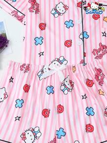 2 件套女士 Sanrio Hello Kitty 印花 Polo 领短袖纽扣口袋上衣和蝴蝶结短裤睡衣套装，适合家居服，春夏季 - 粉色 - 查看 6