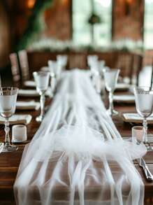 优雅的白色透明婚礼桌旗窗帘套装 1 件，涤纶薄纱拱形窗帘多功能装饰套件，适用于订婚、生日、公主主题派对和节日庆典、仪式和招待会活动，适合各种场合，包括新娘送礼会、乔装和单身派对 - 白色 - 查看 3