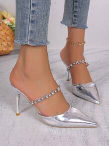 Strap High Heel Dress Shoes, Fashion Pointed Toe Comfortable Versatile - Silver - View 5