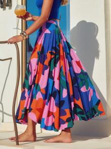 Summer Women's Bohemian Print Beach Skirt, High Waist Pleated Vacation Skirt