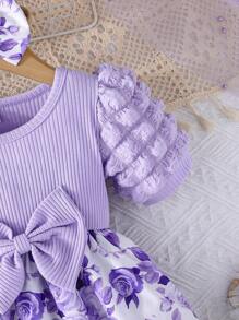 2 件套连衣裙，带泡泡袖、蝴蝶结装饰、花卉图案和头巾、节日派对时尚、春夏 - 紫色 - 查看 5