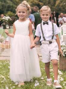 Tween Girl 白色蕾丝对比网眼无袖 A 字裙，花童婚礼晚礼服 - 白色 - 查看 3