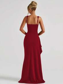 Vestido largo rojo elegante y sexy con abertura, de corte ajustado y modesto, para fiestas, eventos, vacaciones de primavera y verano - Rojo - Ver 4