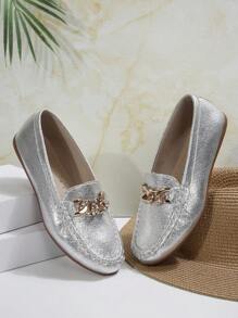 女士圆头便士乐福平底鞋，大码，镜面抛光，纯色，灵活，四季皆宜，简约设计，聚氨酯鞋面，织物内里，TPR 鞋底，无亮片，可手洗或专业干洗 - 銀色 - 查看 7