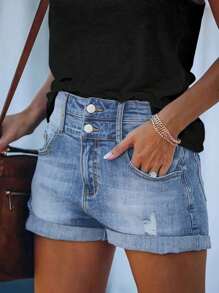 Women's Loose Fit Dual Waistband Pockets Denim Shorts