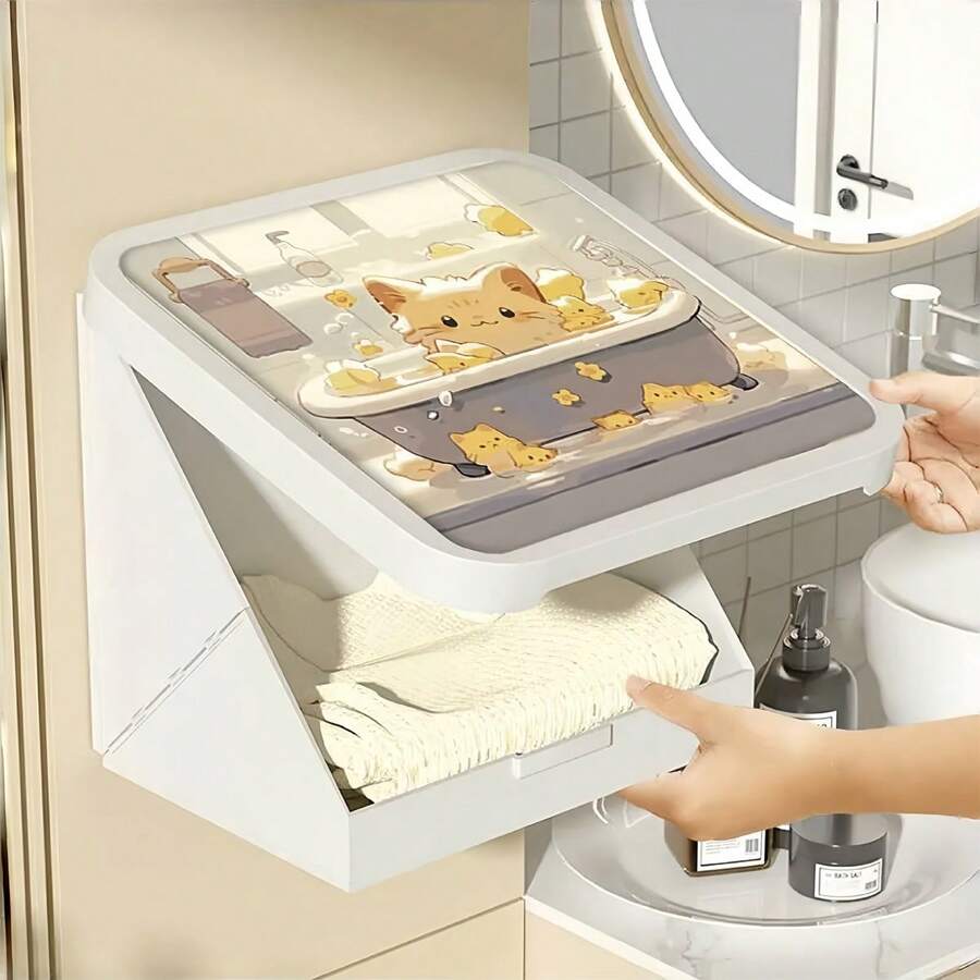 Bathroom Mural Clothes Folding Storage Box, Waterproof Hanging Storage Without Punch Hole, Wall Mounted Bathroom Rack, Toilet Mural, Space Saving, For Bathroom Storage And Home Decoration Bathroom Accessories