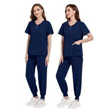 Healthcare Scrub Uniform Set, Patch Pocket V-Neck Top And Solid Color Pants, Women's Nursing Scrub Uniform, Loose Fit, Suitable For Hospital Work