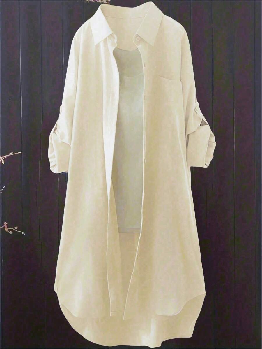 Blusa casual de mujer de unicolor con mangas enrollables, para primavera/otoño