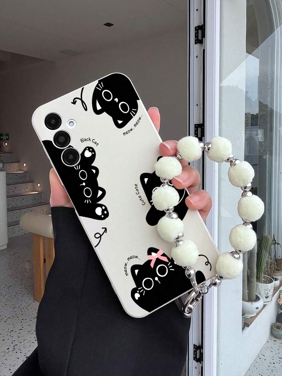 1 个白色 TPU 可爱偷看猫图案防震手机壳和 1 个白色毛球腕带手机带，兼容 Galaxy、OPPO 等 Android 手机。