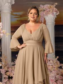 Faeriesty Mosy 优雅大码新娘妈妈礼服，深 V 领，3/4 喇叭袖，不对称雪纺下摆 - 卡其色 - 查看 7