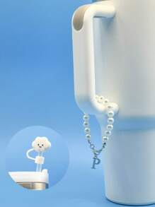 精致时尚的仿珍珠杯链，适用于 30 和 40 盎司玻璃杯，带有 3D 金属字母细节和可爱的草帽，简约而优雅的 26 个英文字母水杯装饰配件，男女通用夏季配饰，返校用品，生日礼物