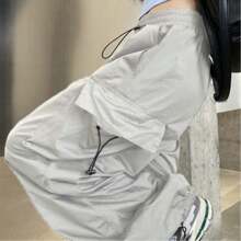 Women Parachute Drawstring Pockets Cargo Pantalones Casual Loose Fit Baggy Pants  Y2k Clothing - Màu be - Xem 5