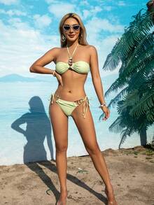 1pc Women's Solid Color Halter Tie Strap 2-Piece Bikini Swimwear, New Ruffled Bikini Set, Cross-Border, For Summer Beach Vacation - Light Green - View 6