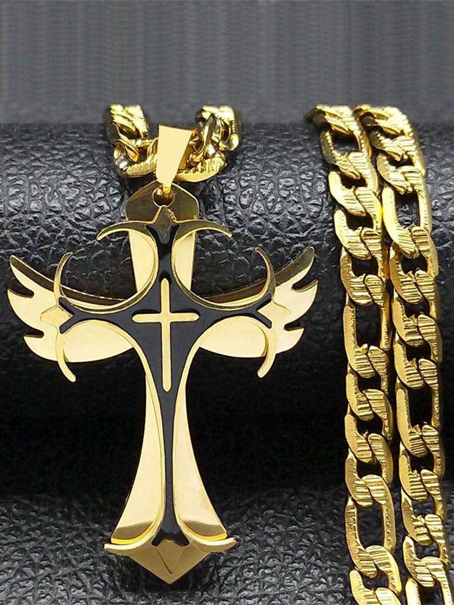 Men's Multi-Layer Christian Cross Pendant Necklace, Stainless Steel Gold-Plated Cross Necklace In Hip Hop Style - Necklace - View 1