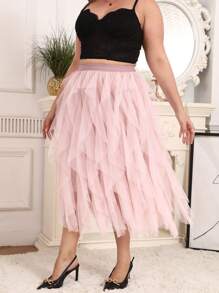 Plus Size Elegant Solid Color Asymmetrical Ruffle & Mesh Layered Skirt - Dusty Pink - View 4