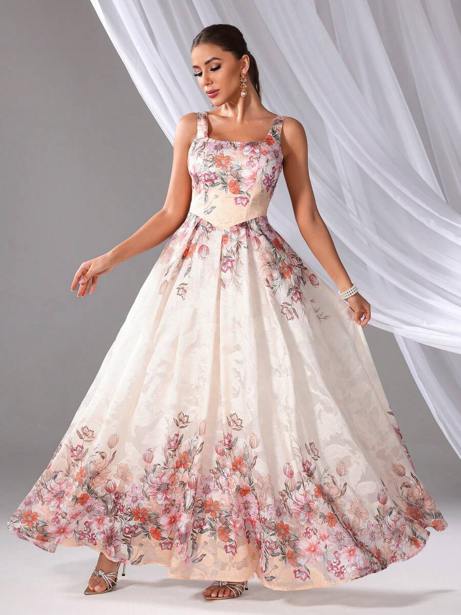 Women's Floral Print Maxi Bridesmaids Dress With Flared Hem - Multicolor - View 1