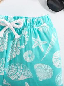 3pcs/Set Fashionable Baby Girl & Boy Shell Printed Top, Printed Shorts And Hat, Summer Outfit - Blue - View 6