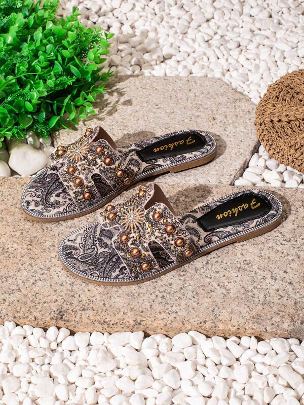Sandalias planas con brillos para mujer, zapatillas de tira con tacón bajo y elegante, de estilo de alta gama para primavera/verano, fiestas