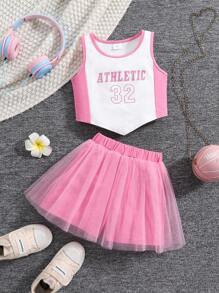 Girls Letter Print Decorated Contrast Color Splicing Mesh Skort Set With Round Neck Vest Top, Fashionable Sporty Style - Pink - View 1