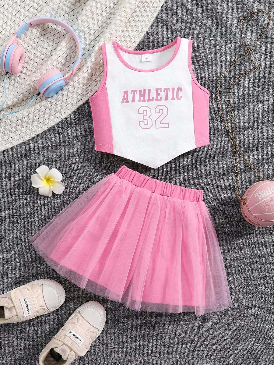 Girls Letter Print Decorated Contrast Color Splicing Mesh Skort Set With Round Neck Vest Top, Fashionable Sporty Style - Pink - View 1
