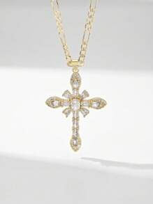 1pc 2025 New Classic Elegant Cross Pendant Necklace, Hypoallergenic Cubic Zirconia 14K Gold Plated, Ideal Gift For Mother, Valentine, Couple, Friend, Christening, Daily & Festival Wear, Catholic Prayer