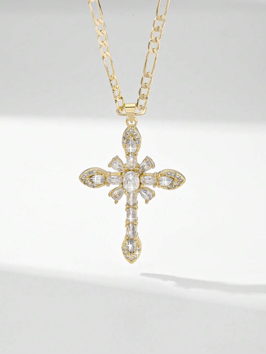 1pc 2025 New Classic Elegant Cross Pendant Necklace, Hypoallergenic Cubic Zirconia 14K Gold Plated, Ideal Gift For Mother, Valentine, Couple, Friend, Christening, Daily & Festival Wear, Catholic Prayer