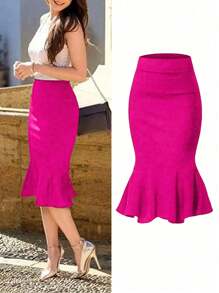 Women's High Waist Knee-Length Pencil Skirt, Fitted Stretchy Polyester Blend Office & Commute Skirt, Suitable For All Seasons
