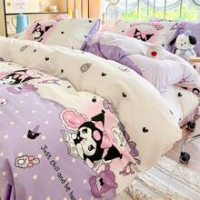 Sanrio 4pcs/Set Sanrio Kuromi Bedding Set, Cute Bedding, Warm And Soft 1 Quilt Cover + 2 Pillowcases + 1 Sheet, Soft And Comfortable Durable Bedroom Bedding, Does Not Include Quilt And Pillowcase, 78.74''*90.55'', Purple
