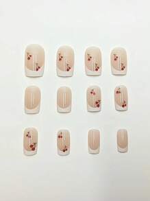24pcs French Style Cherry Blossom Design Press-On False Nails Set With Nail File And Nail Glue