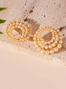 1 对复古简约时尚人造珍珠多层几何圆形耳钉，高端优雅耳环适合女性日常和节日佩戴 - 多層珍珠圓圈 - 查看 4