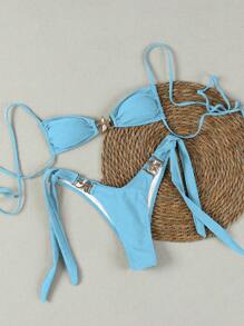 新款春夏女士性感休闲浅蓝色露背系带海星装饰比基尼套装，适合海滩度假派对约会。 - 淺藍色 - 查看 2